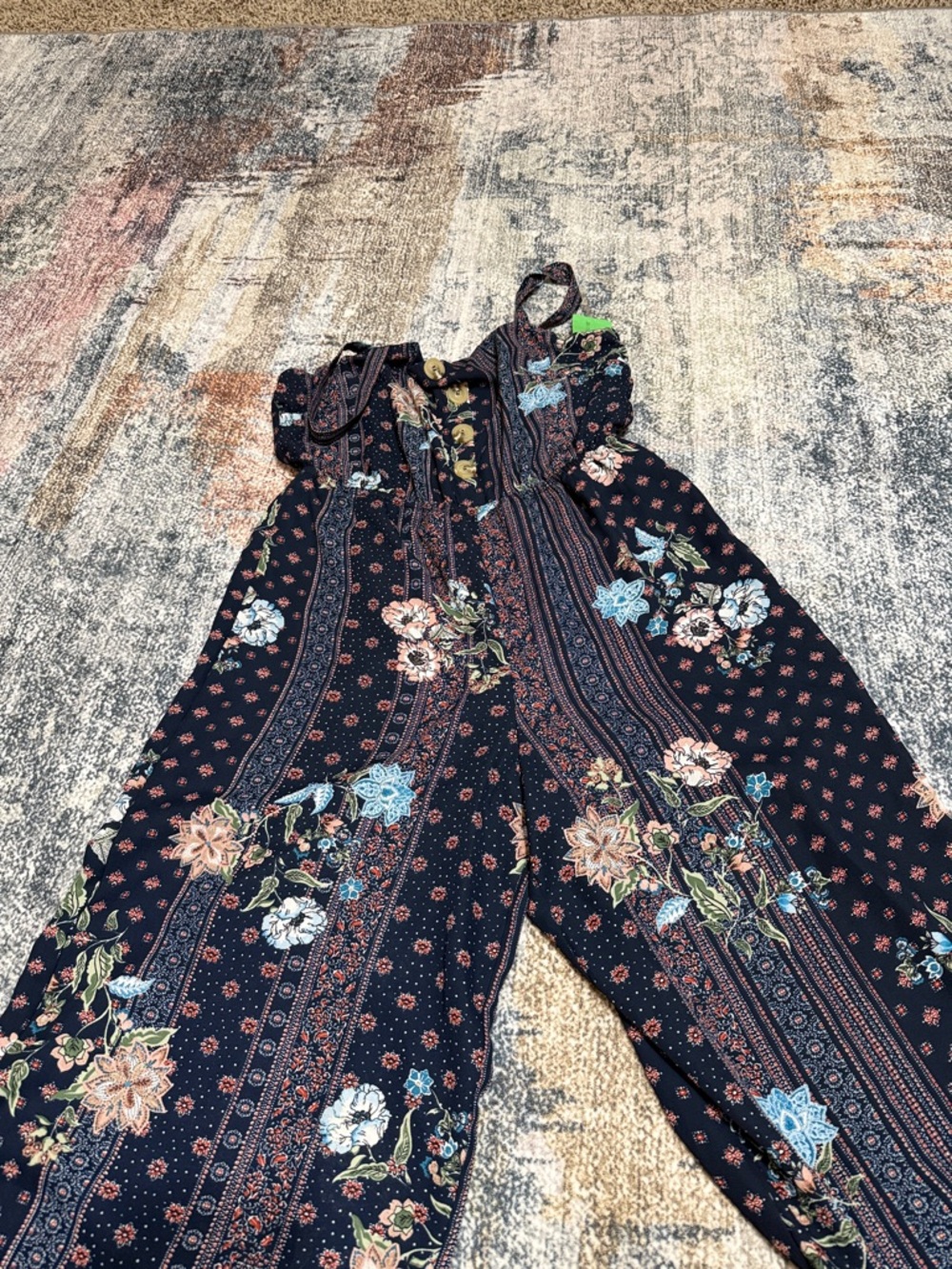 AUW Navy Floral Smocked Wide-Leg Jumpsuit